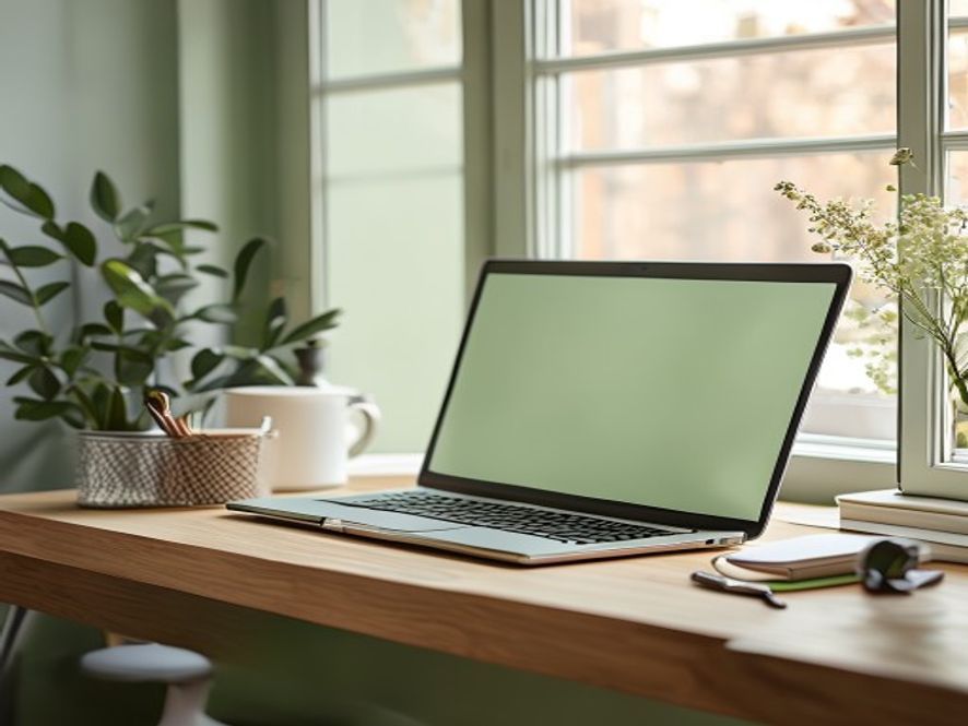 Videoconference setup met laptop en notitieblok op een heldere werkplek