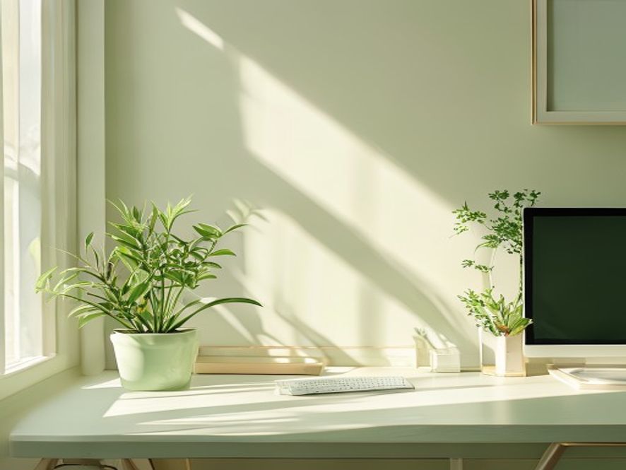 Heldere werkruimte met orde en groen plantje op bureau