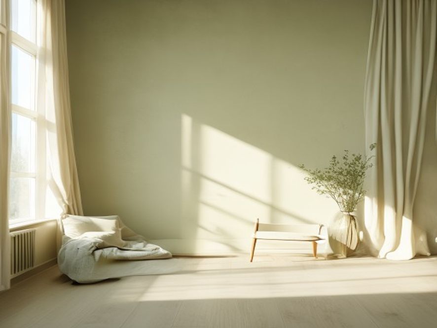 Rustige kamer met zachte lichtval en minimale inrichting