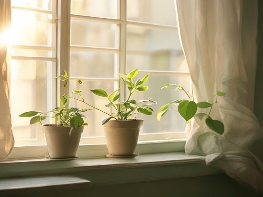 Zonnig raam met groene plant op windowsill, ochtendlicht