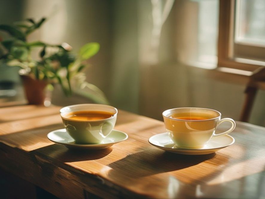 Twee kopjes thee op houten tafel met vriendschappelijke sfeer